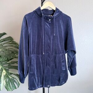 St. John Spa Navy Blue Velour Velvet Zip Up Hooded Jacket Womens Medium M